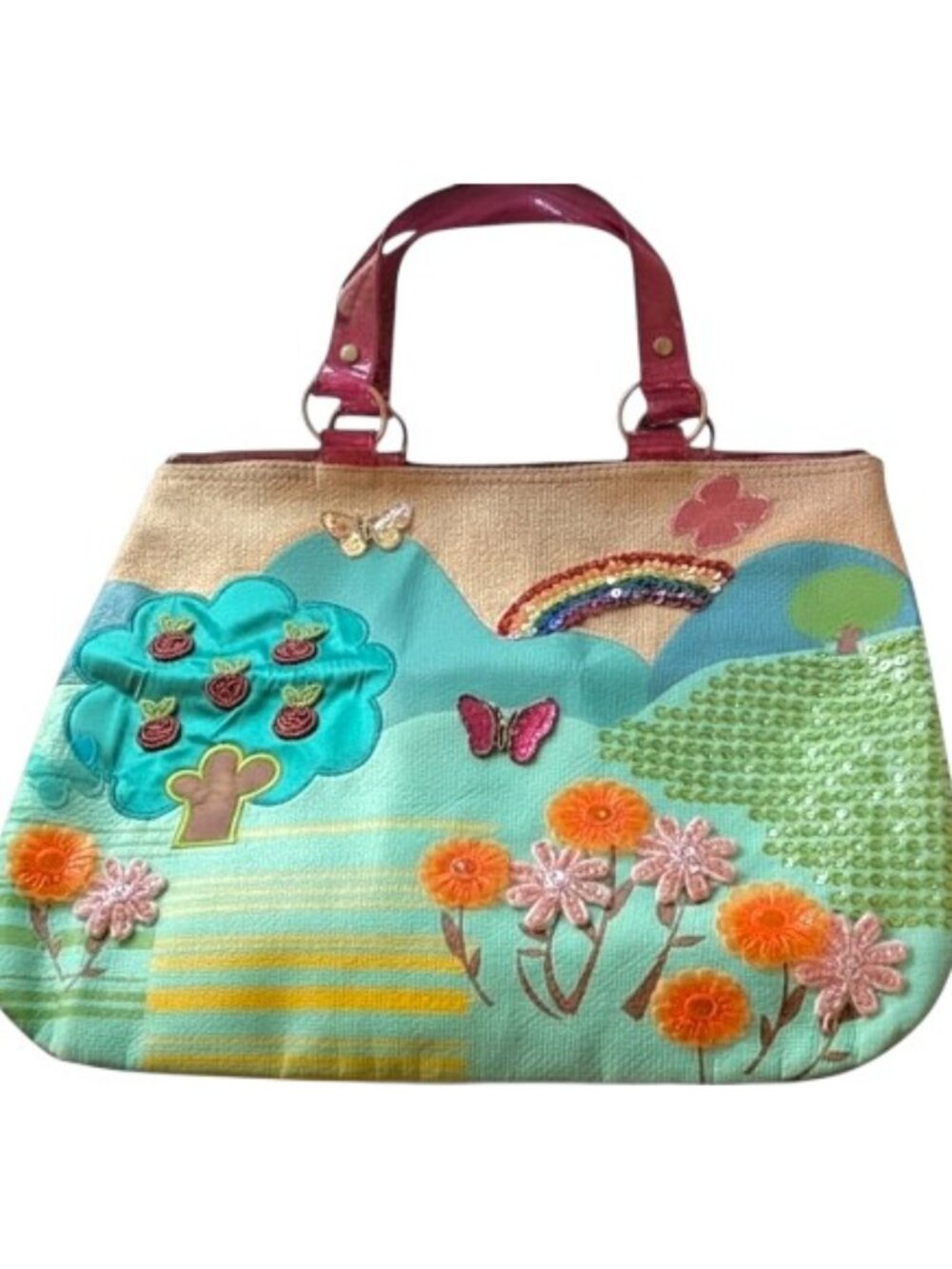 Whimsical Turquoise Floral Tote Bag with Pink Handles